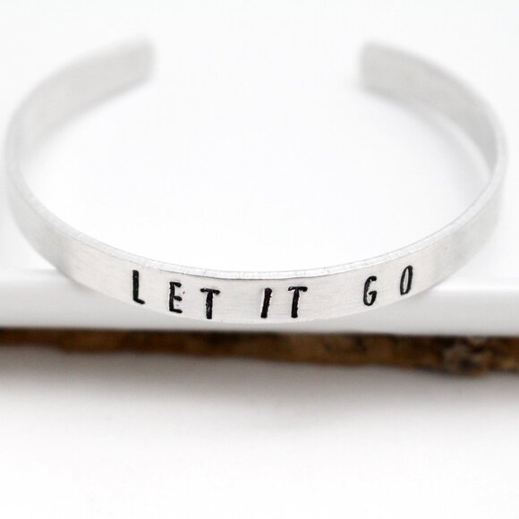 Let It Go - Hand Stamped Anodized Aluminum Bangle - Adjustable - Picture 8 of 11